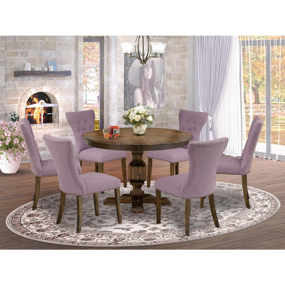 East West Furniture 7 Piece Modern Dining Set Includes a Dining Table and 6 Dahlia Linen Fabric Dining Chairs with Button Tufted Back - Distressed Jacobean Finish. Picture 1