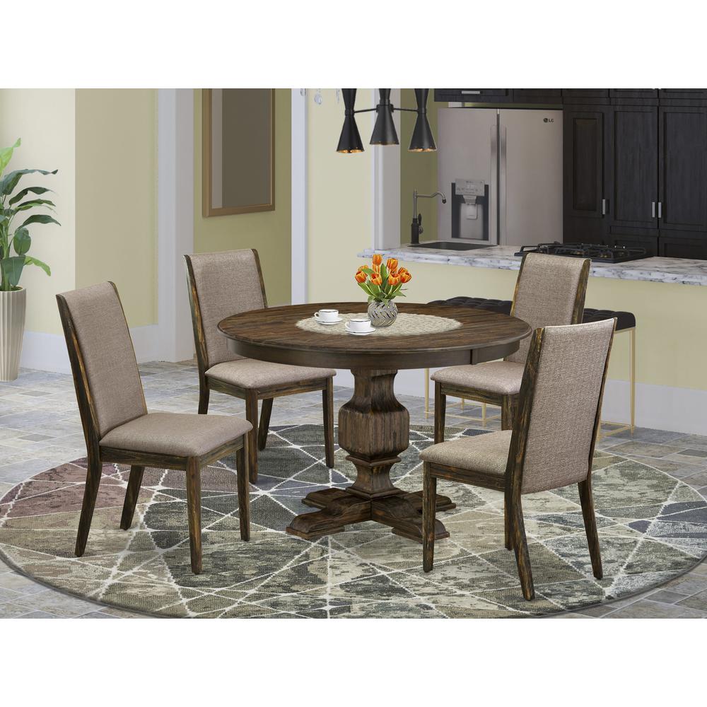East West Furniture 5 Piece Modern Dining Set Consists of a Modern Kitchen Table and 4 Dark Khaki Linen Fabric Mid Century Modern Dining Chairs with High Back - Distressed Jacobean Finish. Picture 1
