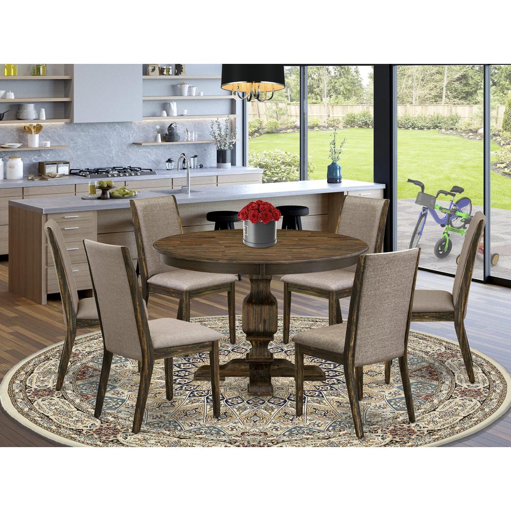 East West Furniture 7 Piece Kitchen Table Set Contains a Kitchen Table and 6 Dark Khaki Linen Fabric Dining Room Chairs with High Back - Distressed Jacobean Finish. Picture 1