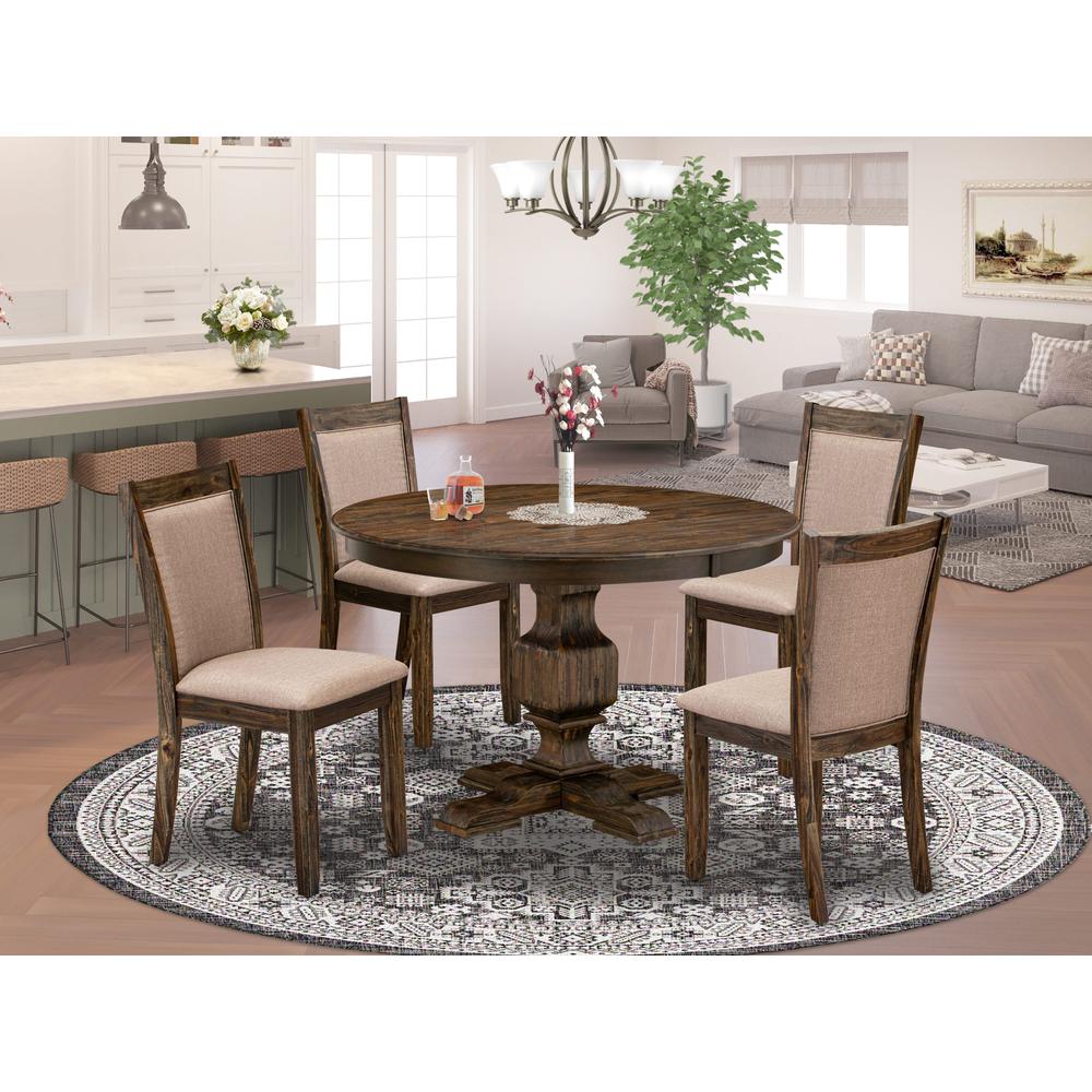 East West Furniture 5 Piece Modern Dining Table Set Consists of a Dining Room Table and 4 Dark Khaki Linen Fabric Upholstered Dining Chairs with High Back - Distressed Jacobean Finish. Picture 1