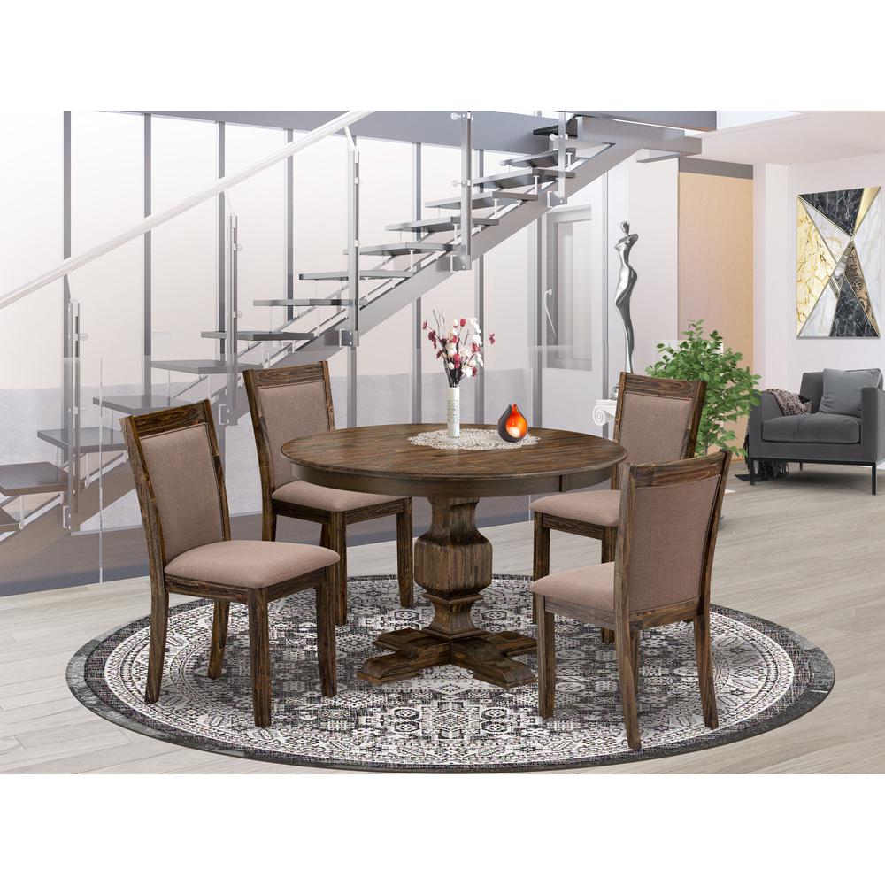 East West Furniture 5-Pc Dining Set - Kitchen Pedestal Table and 4 Coffee Color Parson Padded Chairs with High Back - Distressed Jacobean Finish. Picture 1
