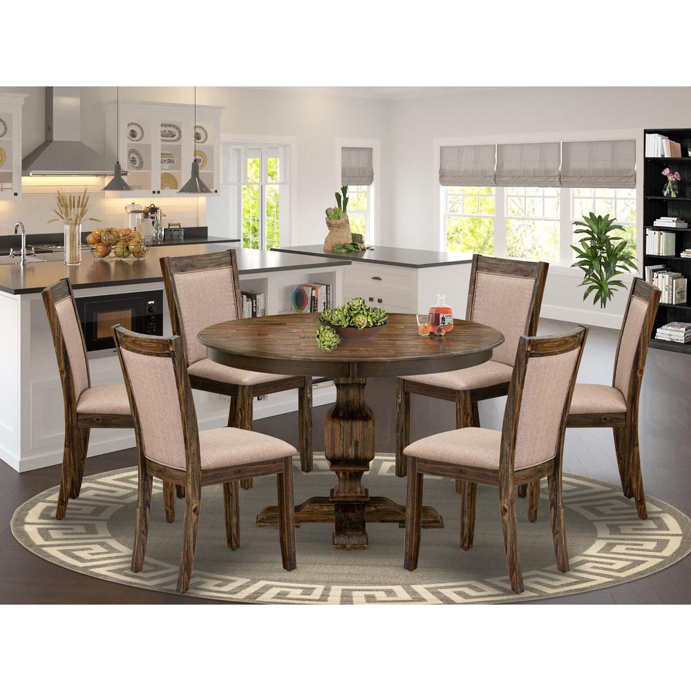 East West Furniture 7 Piece Kitchen Table Set Contains a Dinner Table and 6 Dark Khaki Linen Fabric Mid Century Modern Chairs with High Back - Distressed Jacobean Finish. Picture 1