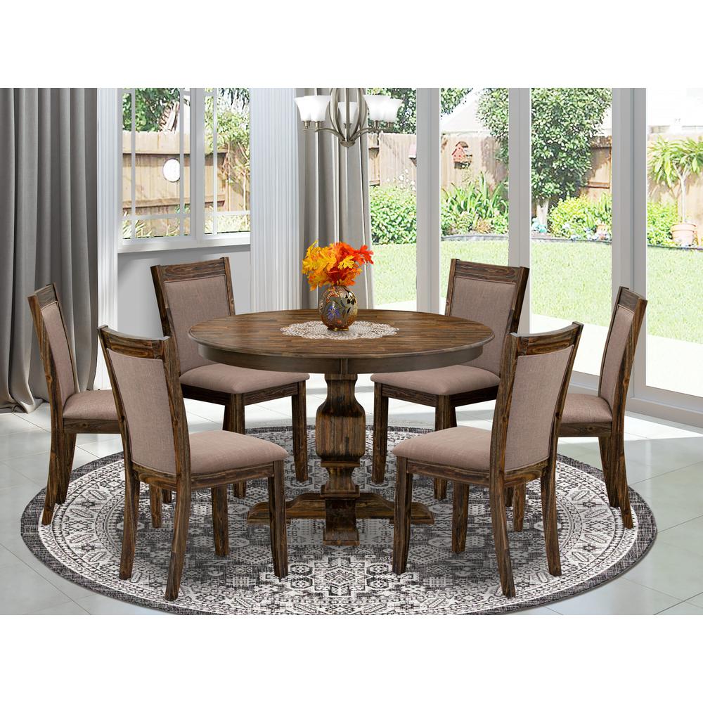 East West Furniture 7-Pc Dining Set - Kitchen Pedestal Table and 6 Coffee Color Parson Chairs with High Back - Distressed Jacobean Finish. Picture 1