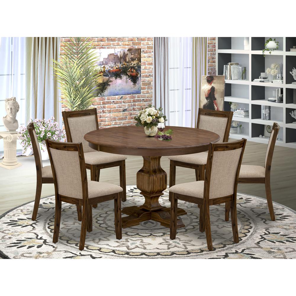 East West Furniture 7-Pc Dining Table Set - Modern Pedestal Dining Table and 6 Light Tan Color Parson Dining Chairs with High Back - Antique Walnut Finish. Picture 1