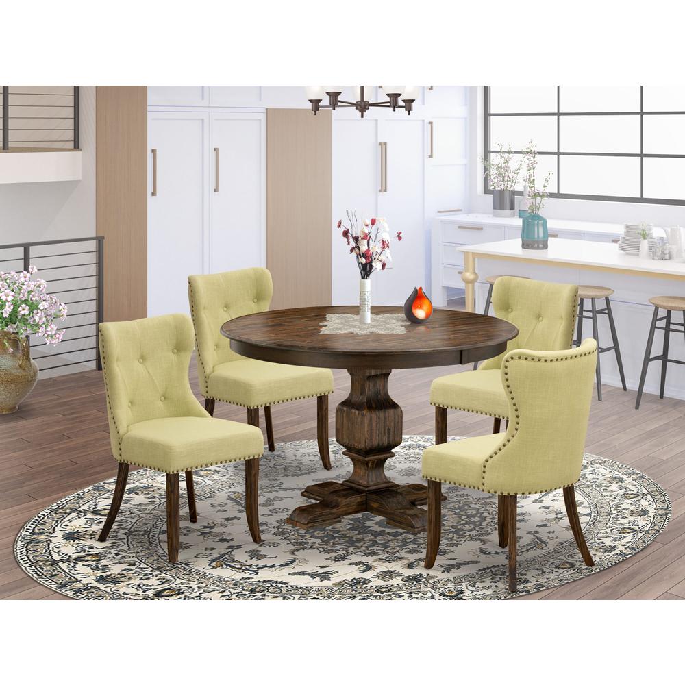 East West Furniture 5-Piece Modern Dining Set - Wooden Pedestal Dining Table and 4 Limelight Color Parson Dining Room Chairs with Button Tufted Back - Distressed Jacobean Finish. Picture 1