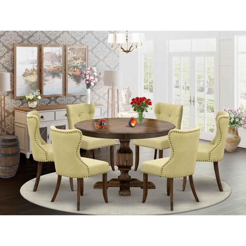 East West Furniture 7-Pc Dining Room Table Set - Modern Pedestal Dining Table and 6 Limelight Color Parson Wood Chairs with Button Tufted Back - Distressed Jacobean Finish. Picture 1