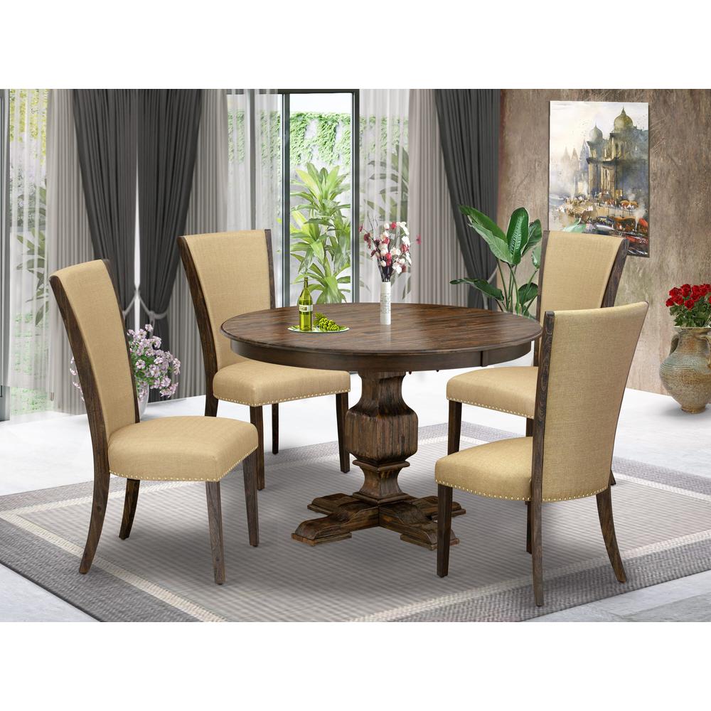 East West Furniture 5-Piece Kitchen Dining Table Set - Pedestal Dining Table and 4 Brown Color Parson Modern Chairs with High Back - Distressed Jacobean Finish. Picture 1