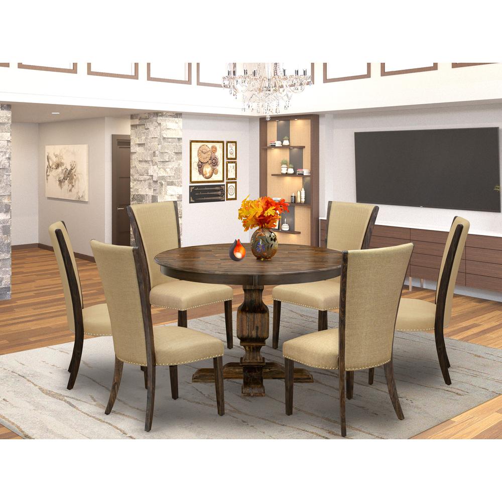 East West Furniture 7-Pc Dinette Set - Pedestal Dinner Table and 6 Brown Color Parson Dining Room Chairs with High Back - Distressed Jacobean Finish. Picture 1