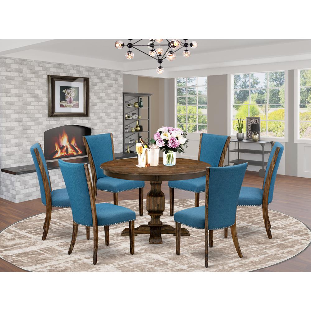 East West Furniture 7-Pc Dinette Set - Mid Century Modern Pedestal Dining Table and 6 Blue Color Parson Chairs with High Back - Distressed Jacobean Finish. Picture 1