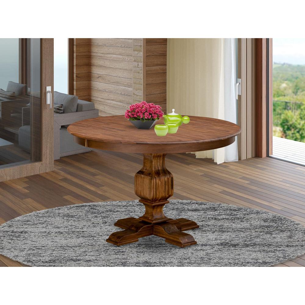 East West Furniture FERRIS Round Dining Table with Pedestal, Rustic Rubberwood Table in Sandblasting Antique Walnut Finish, 48 Inch. Picture 2