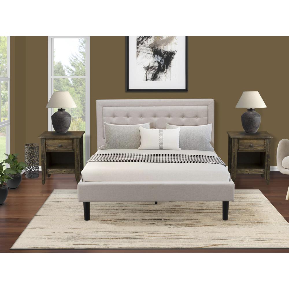 FN08Q-2GA07 3-Piece Fannin Bedroom Furniture Set with 1 Platform Bed Frame and 2 Bedroom Nightstands - Mist Beige Linen Fabric. Picture 1
