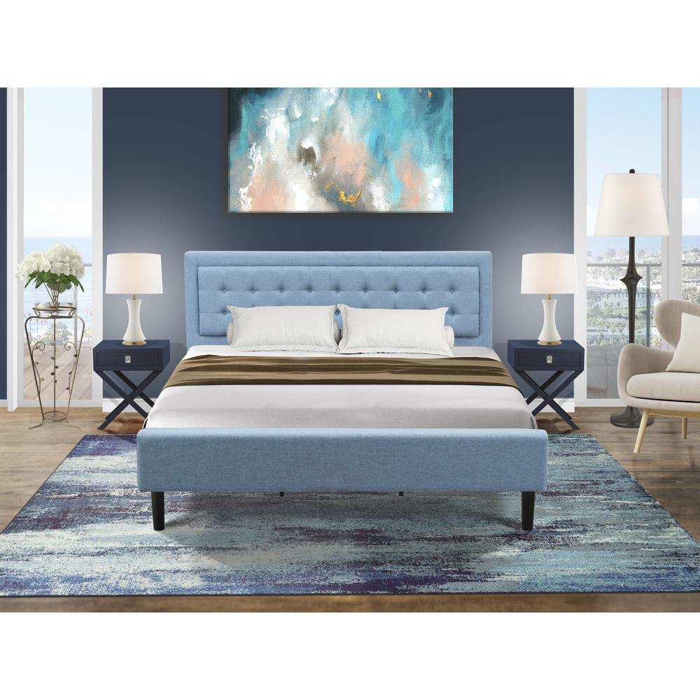 East West Furniture 3-Piece Platform Bedroom Set with 1 Modern Bed and 2 Night Stands for Bedrooms - Reliable and Durable Construction - Denim Blue Linen Fabric. Picture 1