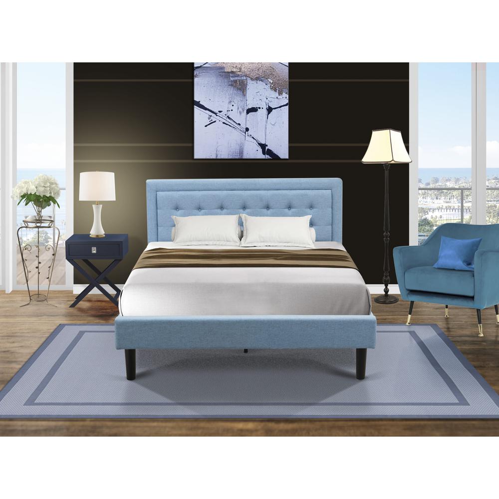FN11Q-1HA15 2-Piece Platform Queen Bed Set Furniture with 1 Platform Bed and an End Table for bedroom - Denim Blue Linen Fabric. Picture 1