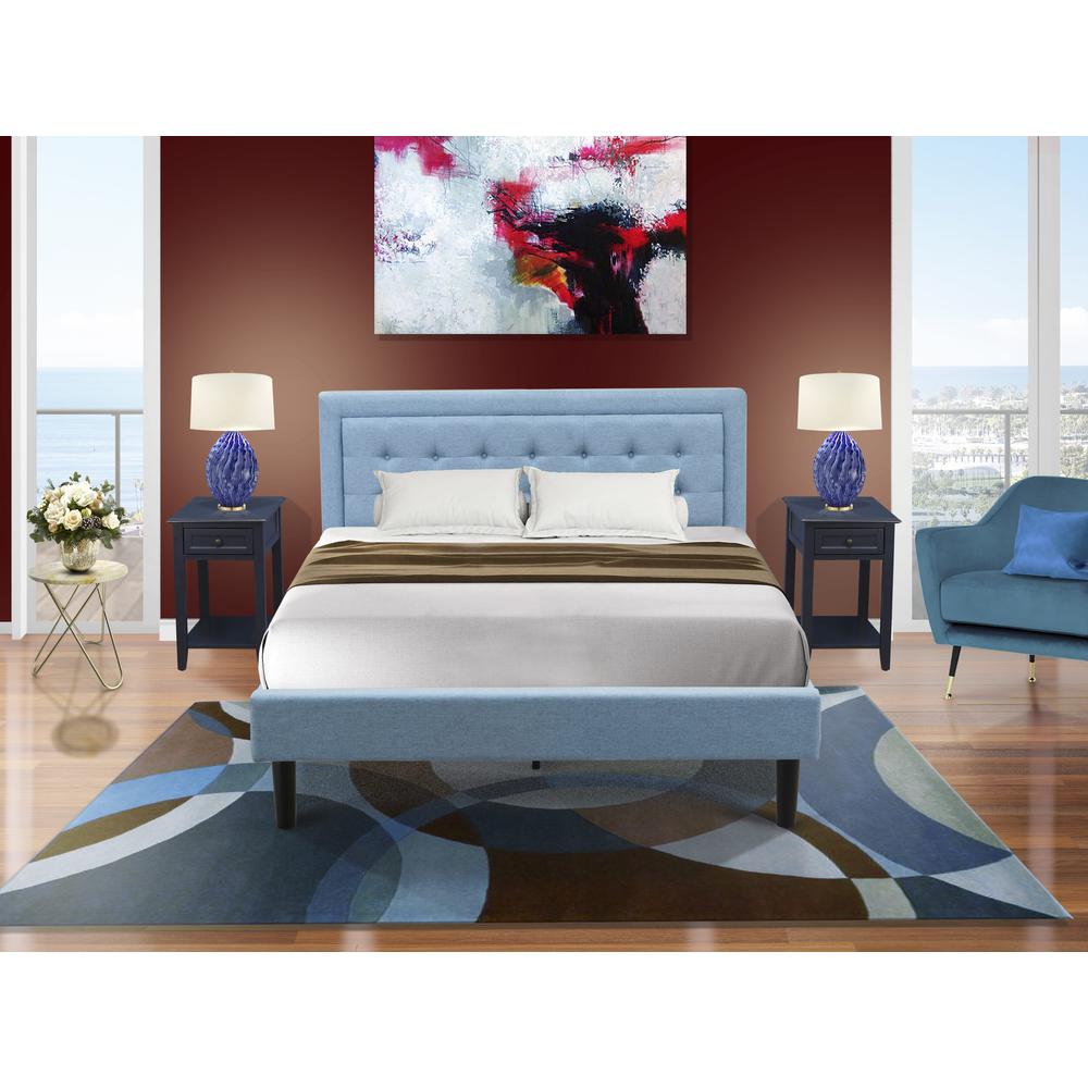 FN11Q-2DE15 3-Piece Platform Bed Set with 1 Queen Bed Frame and 2 Night Stands - Denim Blue Linen Fabric. Picture 1