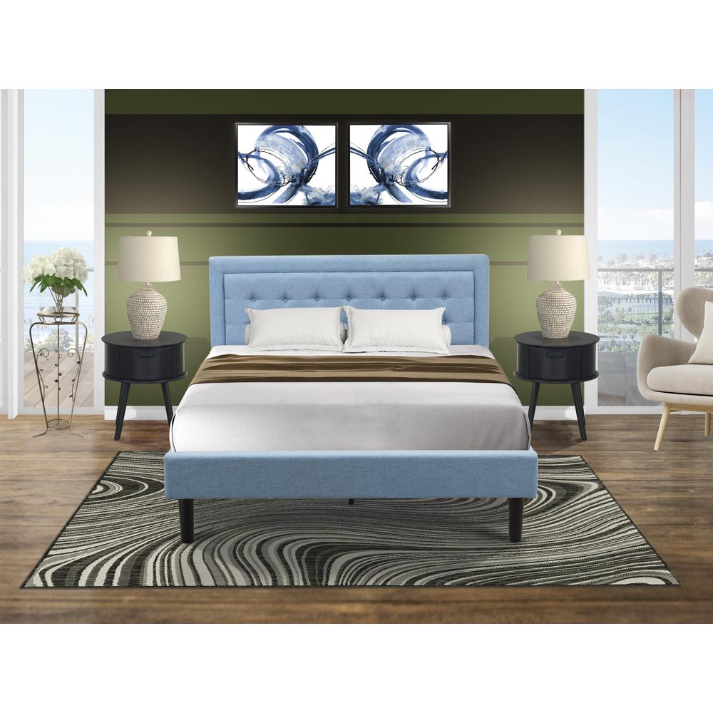 FN11Q-2GO15 3-Piece Platform Bed Set with 1 Mid Century Bed and 2 Small Nightstands - Denim Blue Linen Fabric. Picture 1