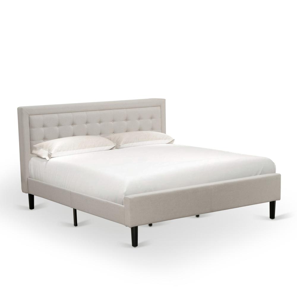 East West Furniture FNF-08-K Platform King Size Bed - Mist Beige Linen Fabric Upholestered Bed Headboard with Button Tufted Trim Design - Black Legs. Picture 1