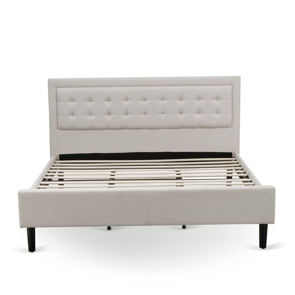 East West Furniture FNF-08-K Platform King Size Bed - Mist Beige Linen Fabric Upholestered Bed Headboard with Button Tufted Trim Design - Black Legs. Picture 2