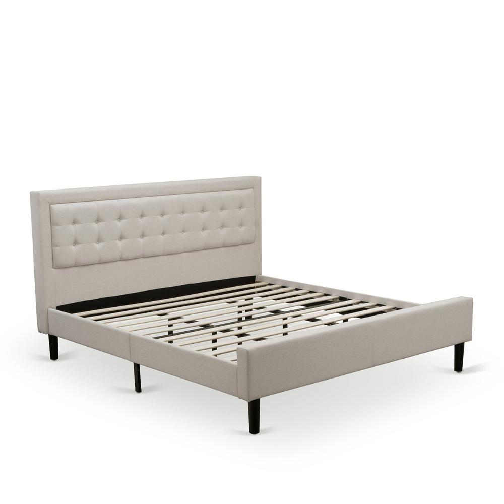 East West Furniture FNF-08-K Platform King Size Bed - Mist Beige Linen Fabric Upholestered Bed Headboard with Button Tufted Trim Design - Black Legs. Picture 3
