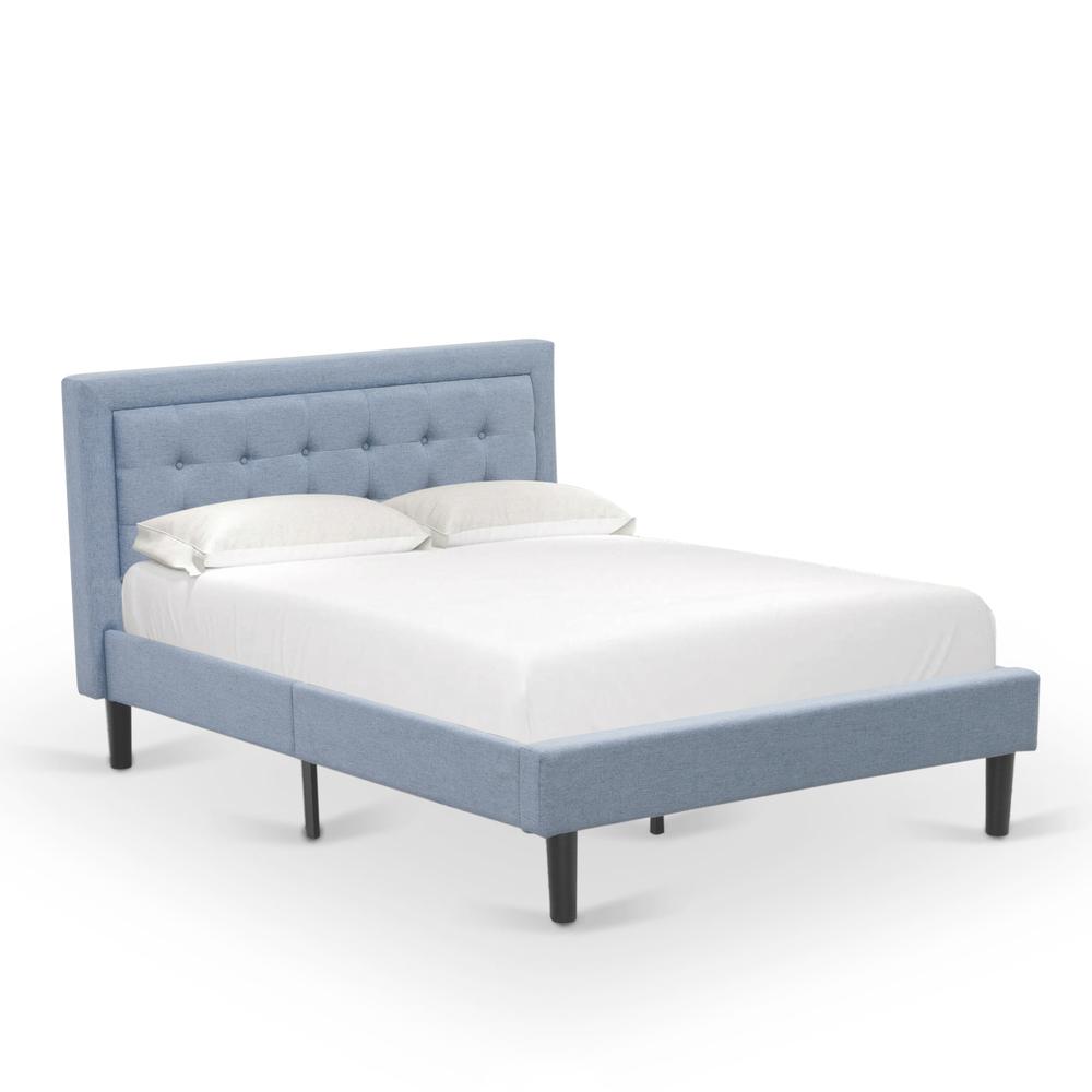 East West Furniture FNF-11-F Platform Full Bed Frame - Denim Blue Linen Fabric Upholestered Bed Headboard with Button Tufted Trim Design - Black Legs. Picture 1
