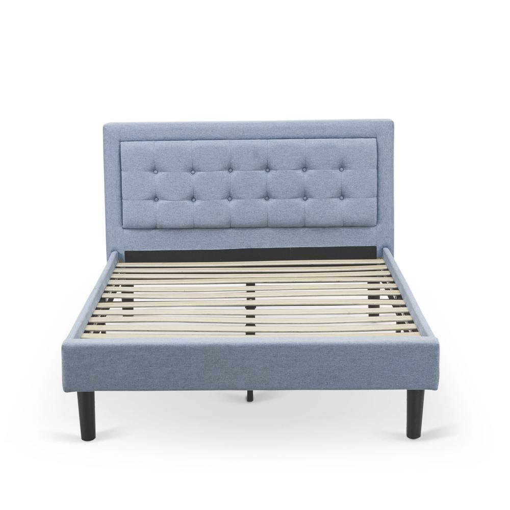 East West Furniture FNF-11-F Platform Full Bed Frame - Denim Blue Linen Fabric Upholestered Bed Headboard with Button Tufted Trim Design - Black Legs. Picture 2