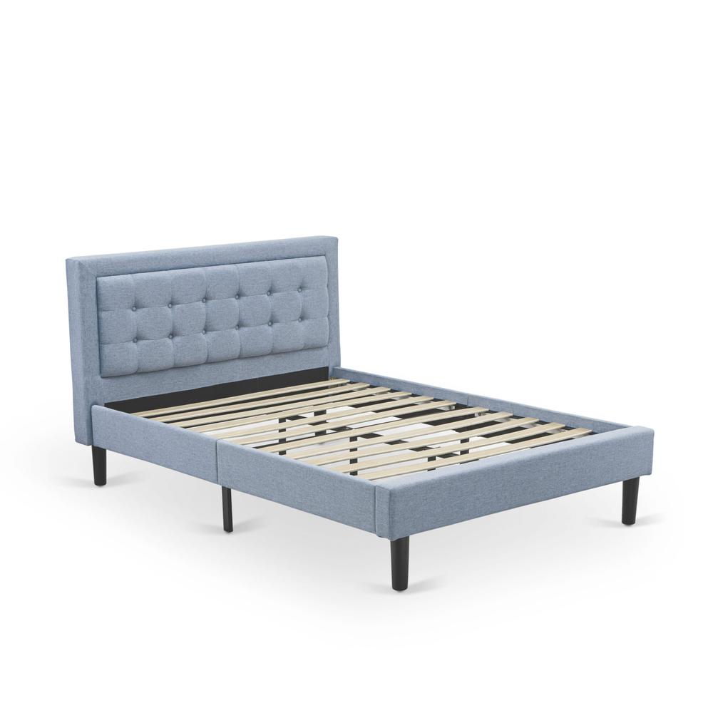 East West Furniture FNF-11-F Platform Full Bed Frame - Denim Blue Linen Fabric Upholestered Bed Headboard with Button Tufted Trim Design - Black Legs. Picture 3