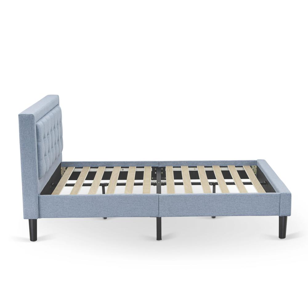 East West Furniture FNF-11-F Platform Full Bed Frame - Denim Blue Linen Fabric Upholestered Bed Headboard with Button Tufted Trim Design - Black Legs. Picture 4