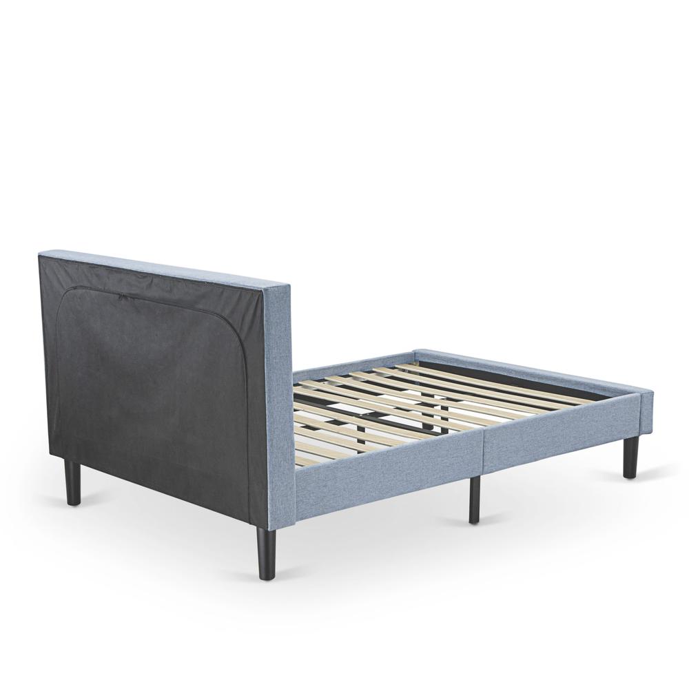 East West Furniture FNF-11-F Platform Full Bed Frame - Denim Blue Linen Fabric Upholestered Bed Headboard with Button Tufted Trim Design - Black Legs. Picture 5