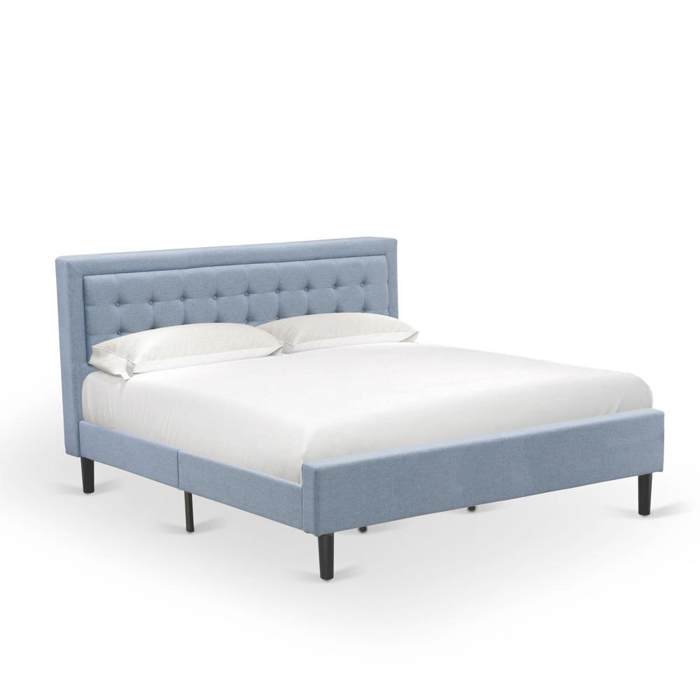 East West Furniture FNF-11-K Platform King Bed Frame - Denim Blue Linen Fabric Upholestered Bed Headboard with Button Tufted Trim Design - Black Legs. Picture 1