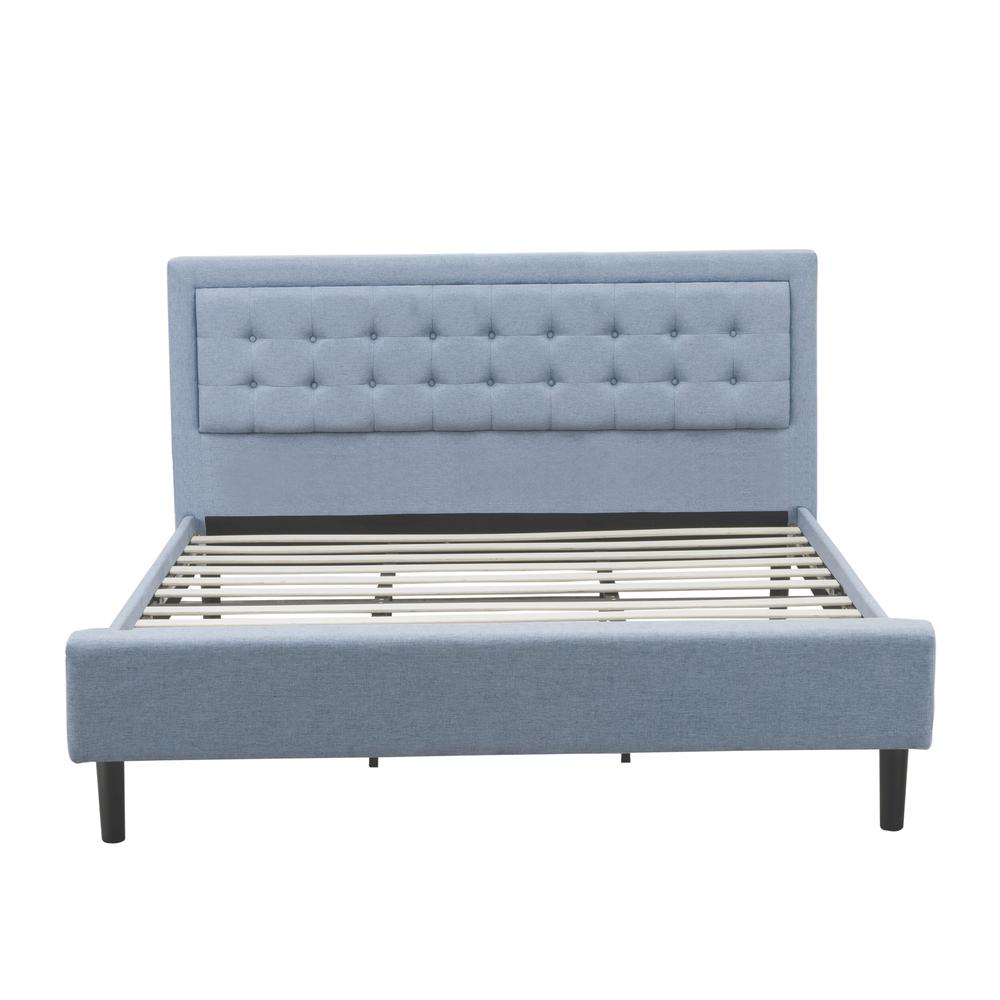 East West Furniture FNF-11-K Platform King Bed Frame - Denim Blue Linen Fabric Upholestered Bed Headboard with Button Tufted Trim Design - Black Legs. Picture 2