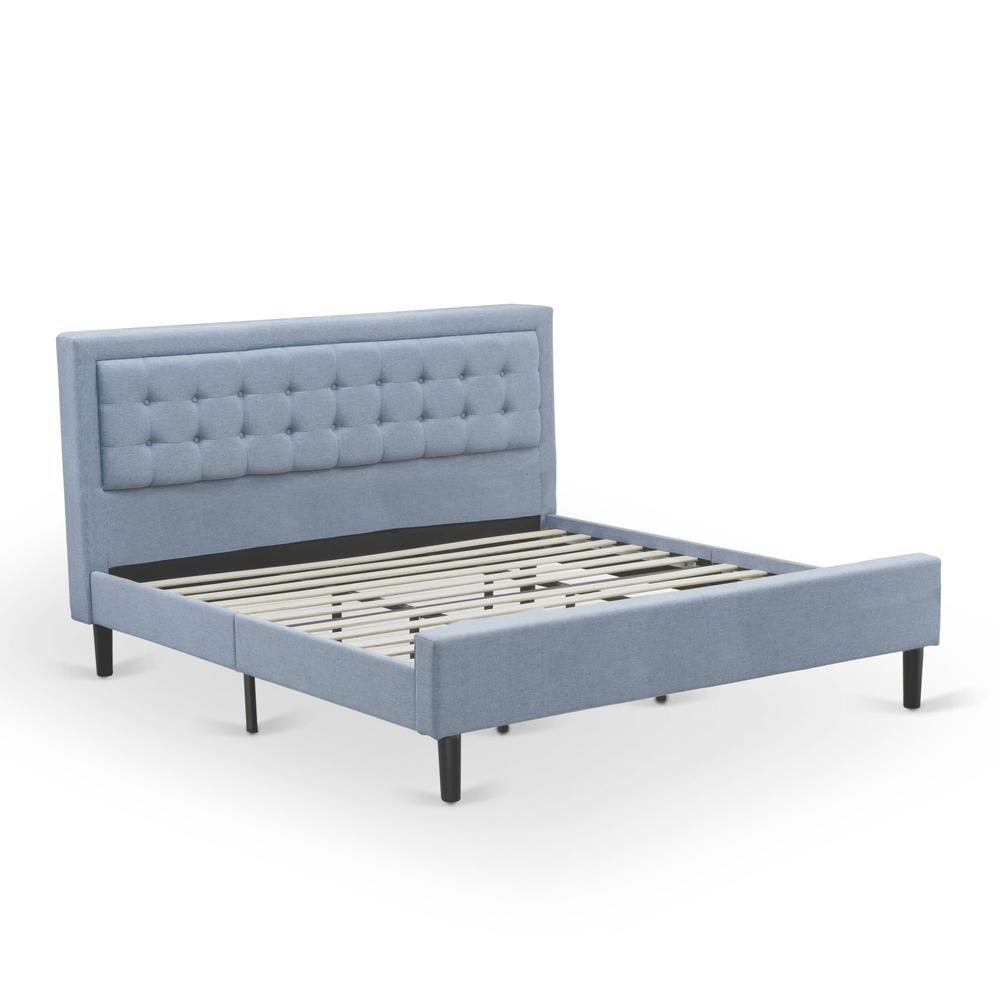 East West Furniture FNF-11-K Platform King Bed Frame - Denim Blue Linen Fabric Upholestered Bed Headboard with Button Tufted Trim Design - Black Legs. Picture 3