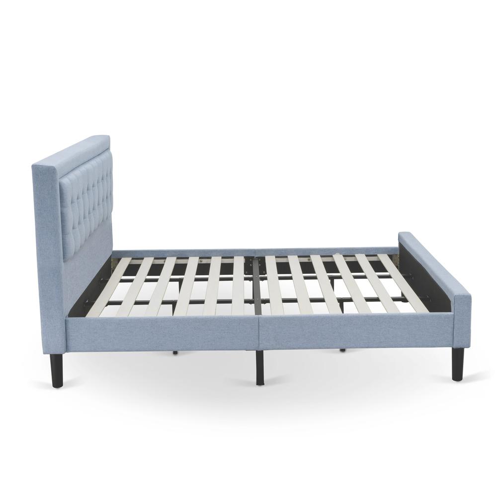 East West Furniture FNF-11-K Platform King Bed Frame - Denim Blue Linen Fabric Upholestered Bed Headboard with Button Tufted Trim Design - Black Legs. Picture 4