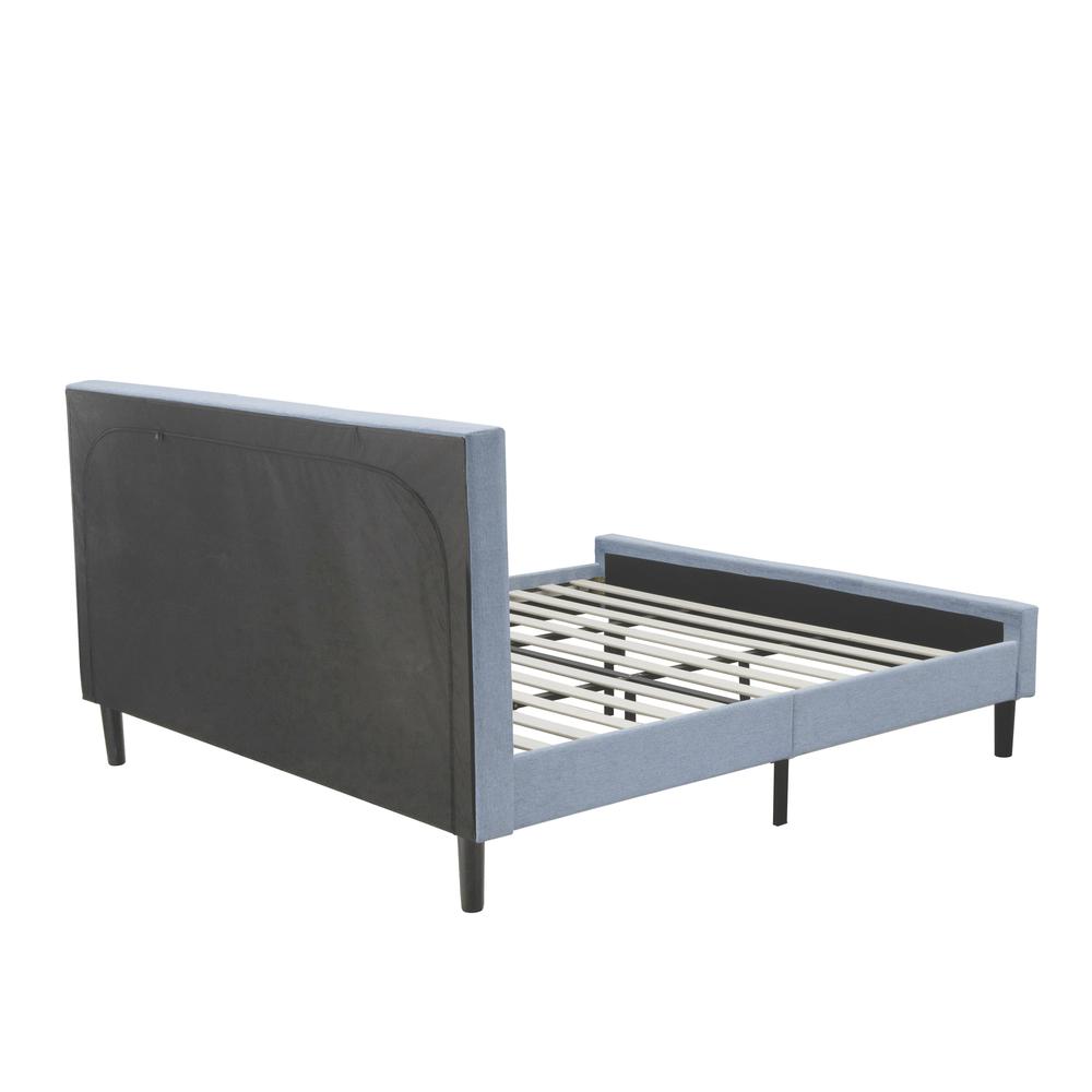 East West Furniture FNF-11-K Platform King Bed Frame - Denim Blue Linen Fabric Upholestered Bed Headboard with Button Tufted Trim Design - Black Legs. Picture 5