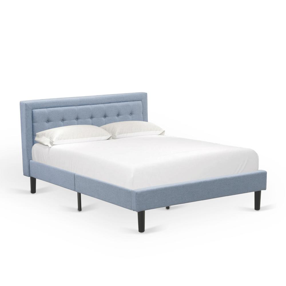 East West Furniture FNF-11-Q Platform Queen Size Bed - Denim Blue Linen Fabric Upholestered Bed Headboard with Button Tufted Trim Design - Black Legs. Picture 1