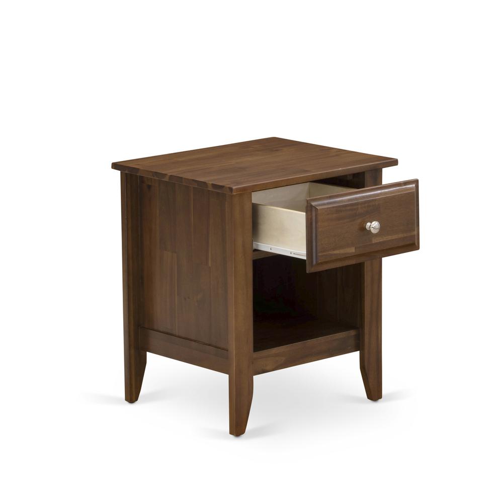 East West Furniture GA-08-ET Small Nightstand with 1 Wood Drawer for Bedroom, Stable and Sturdy Constructed - Antique Walnut Finish. Picture 4