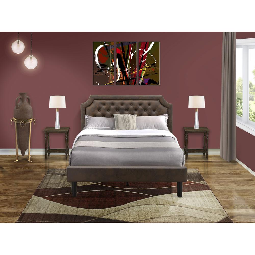 GB25Q-2BF07 3-Pc Bed Set with Frame and 2 Distressed Jacobean Mid Century Nightstands - Dark Brown Faux Leather and Black Legs. Picture 1