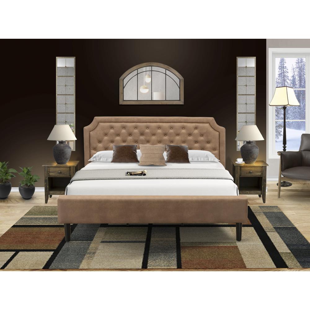 GB28K-2GA07 3-Piece Platform Bed Set with a Modern Bed and 2 Distressed Jacobean End Tables - Brown Faux Leather and Black Legs. Picture 1