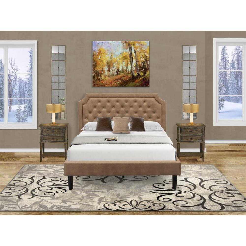 GBF-28-Q Queen Bed Includes Brown Textured Upholstered Headboard, Footboard and Wood Rails, Slats - Wooden 9 Legs - Black Finish. Picture 1
