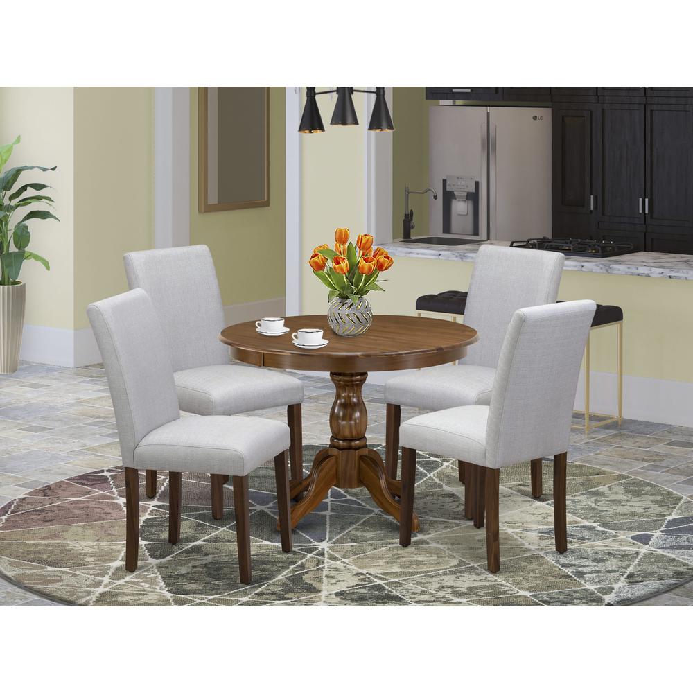 HBAB5-AWA-05 5 Pc Kitchen Table Set - Round Dining Table with 4 Grey Upholstered Chairs - Acacia Walnut Finish. Picture 1