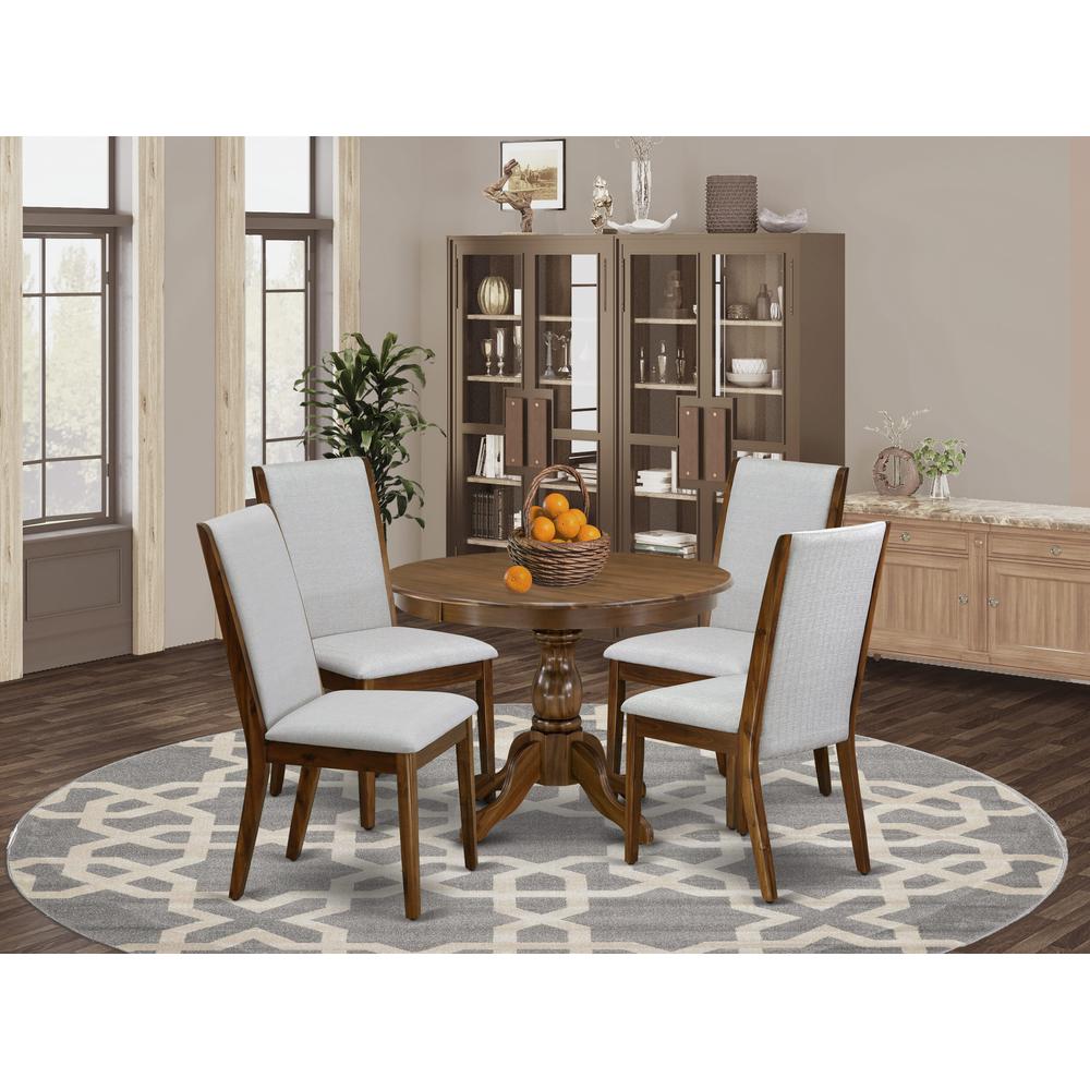 HBLA5-AWA-05 5 Pc Dining Table Set - Dining Room Table with 4 Grey Dining Chairs - Acacia Walnut Finish. Picture 1