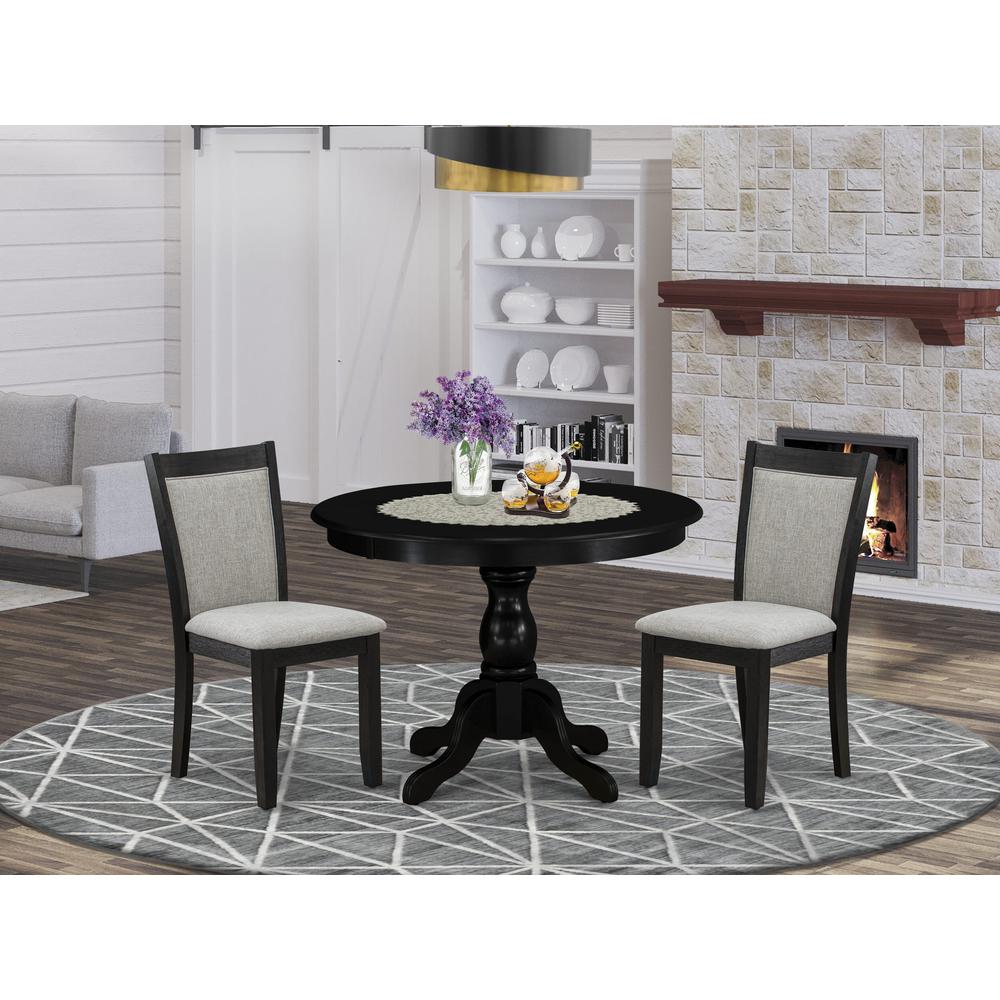 East West Furniture 3-Pc Dining Table Set Contains a Dining Room Table and 2 Shitake Linen Fabric Dining Room Chairs - Wire Brushed Black Finish. Picture 1