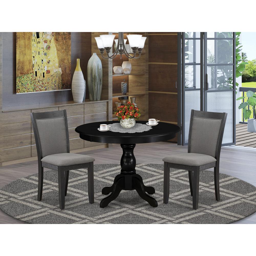 East West Furniture 3-Piece Dining Table Set Contains a Dinner Table with Drop Leaves and 2 Dark Gotham Grey Linen Fabric Parsons Chairs - Wire Brushed Black Finish. Picture 1
