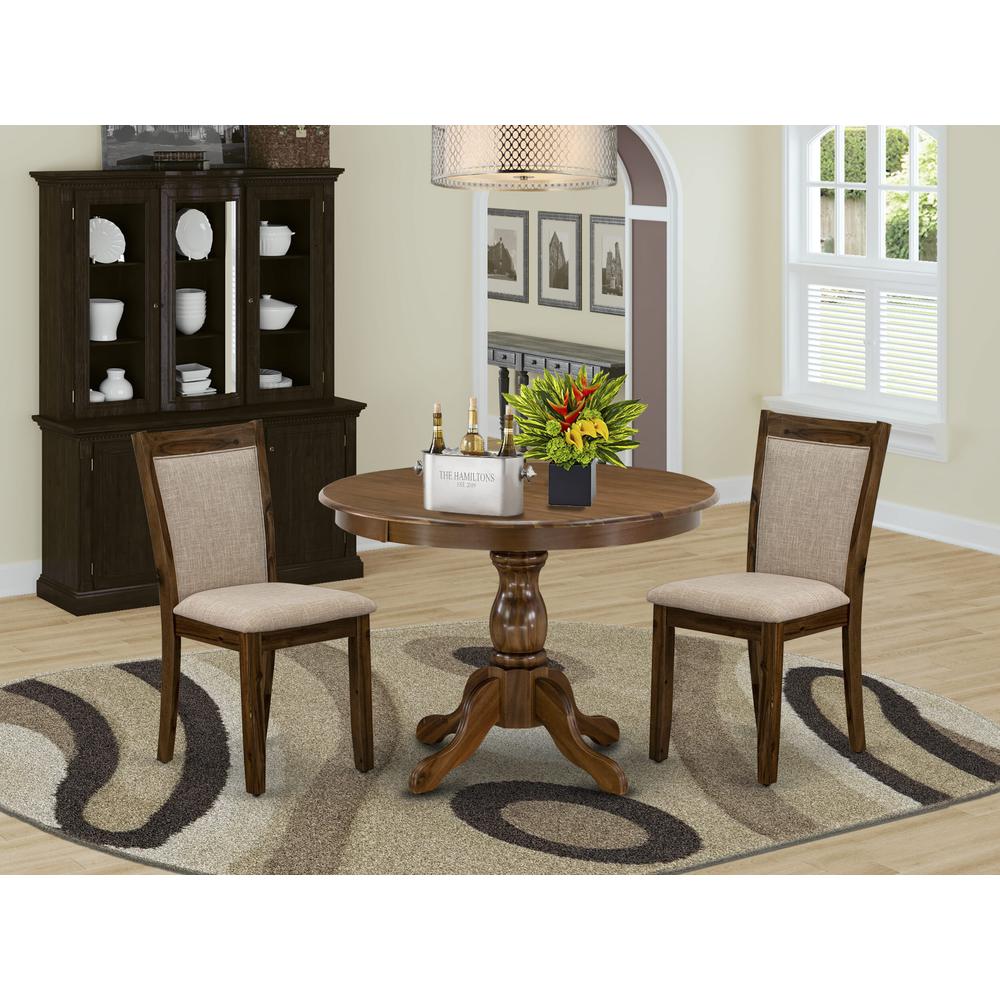 HBMZ3-AWN-04 3-Pc Dining Room Set Contains a Pedestal Table and 2 Light Tan Kitchen Chairs - Sand Blasting Antique Walnut Finish. Picture 1