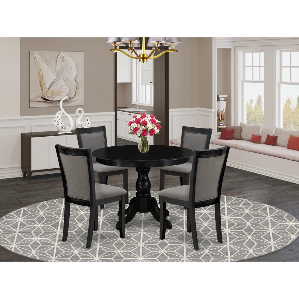 East West Furniture 5-Piece Kitchen Room Table Set Includes a Pedestal Dining Table and 4 Dark Gotham Grey Linen Fabric Upholstered Dining Chairs - Wire Brushed Black Finish. Picture 1