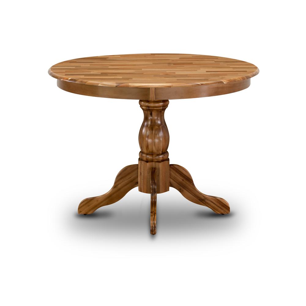 HBT-ANA-TP East West Furniture Beautiful Dinner Table with Natural Acacia Color Table Top Surface and Asian Wood Dining Table Pedestal Legs - Natural Acacia Finish. Picture 2