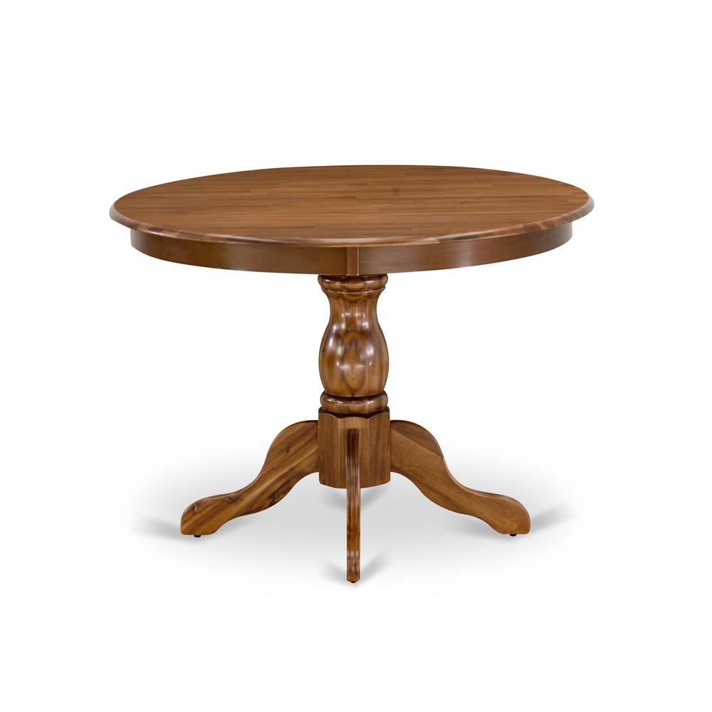 HBT-AWA-TP East West Furniture Amazing Dining Room Table with Acacia Walnut Color Table Top Surface and Asian Wood Modern Dining Table Pedestal Legs - Acacia Walnut Finish. Picture 2