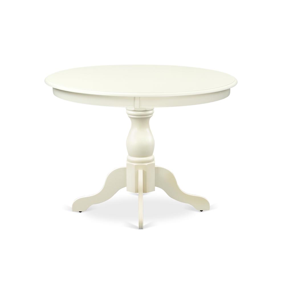 HBT-LWH-TP East West Furniture Modern Dining Room Table with Linen White Color Table Top Surface and Asian Wood Dinette Table Pedestal Legs - Linen White Finish. Picture 2