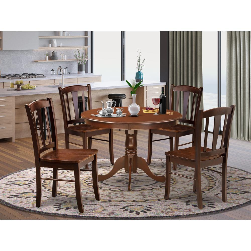 HLDL5-MAH-W - 5-Pc Kitchen Dining Room Set- 4 Kitchen Chair and Modern Kitchen Table - Wooden Seat and Slatted Chair Back - Mahogany Finish. Picture 1