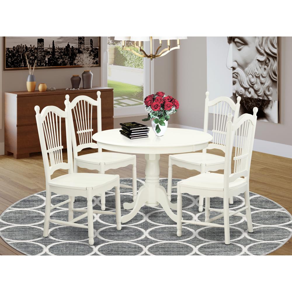 5  Pc  set  with  a  Round  Dinette  Table  and  4  Wood  Dinette  Chairs  in  Linen  White. Picture 1