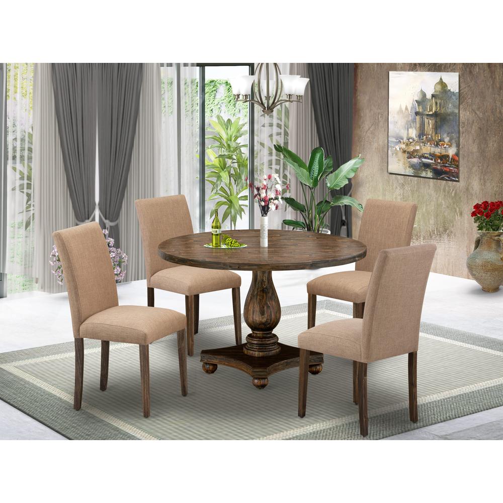 East West Furniture 5 Piece Mid Century Modern Dining Set Consists of a Dining Table and 4 Light Sable Linen Fabric Dining Chairs with High Back - Distressed Jacobean Finish. Picture 1