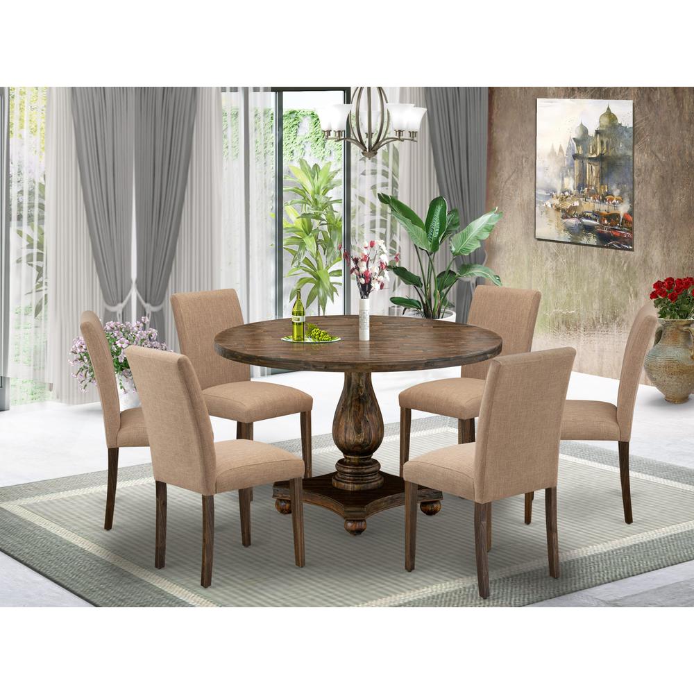 East West Furniture 7 Piece Dining Table Set Includes a Dining Room Table and 6 Light Sable Linen Fabric Mid Century Modern Chairs with High Back - Distressed Jacobean Finish. Picture 1